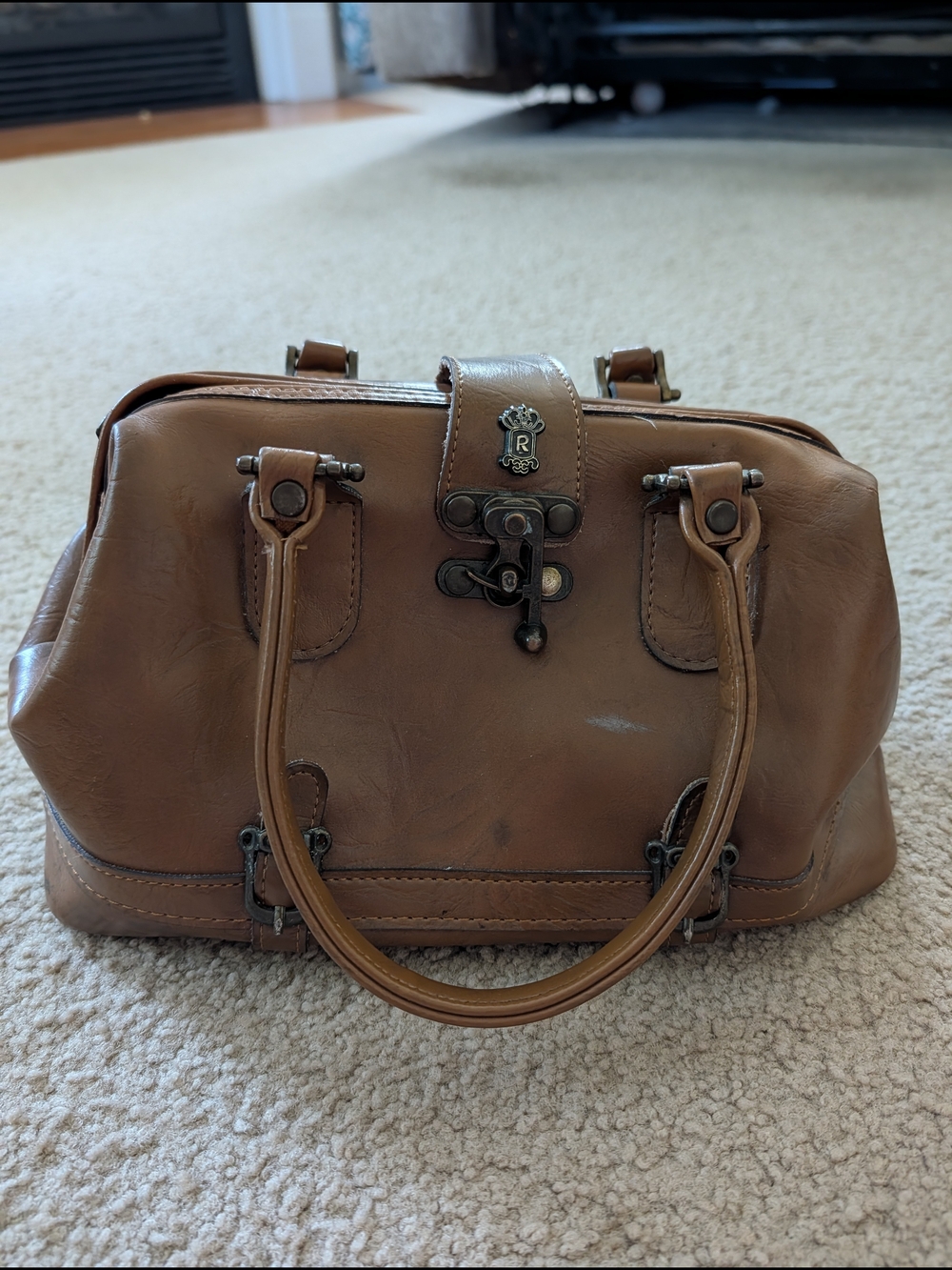 R Brown Leather Satchel Handbag